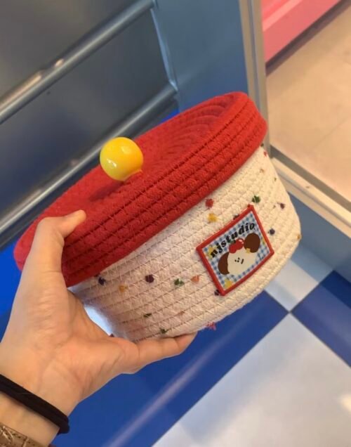Original colorful dots red lid storage basket yellow ball multifunctional creative home decoration with lid coil woven storage basket