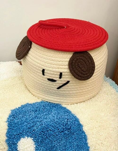 Cute original design woven coil with lid cream fart puppy storage basket home children's room decoration storage basket